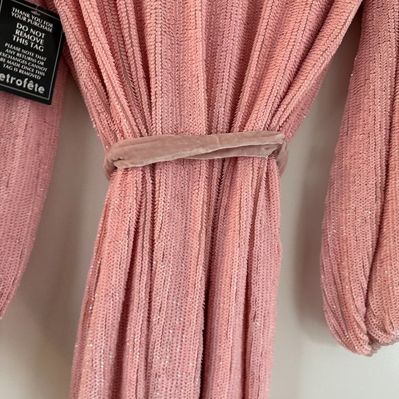 Retrofete Gabrielle Sequin Robe Wrap Mini Dress Sz XS Dusty Rose Blouson Sleeves - Picture 14 of 15